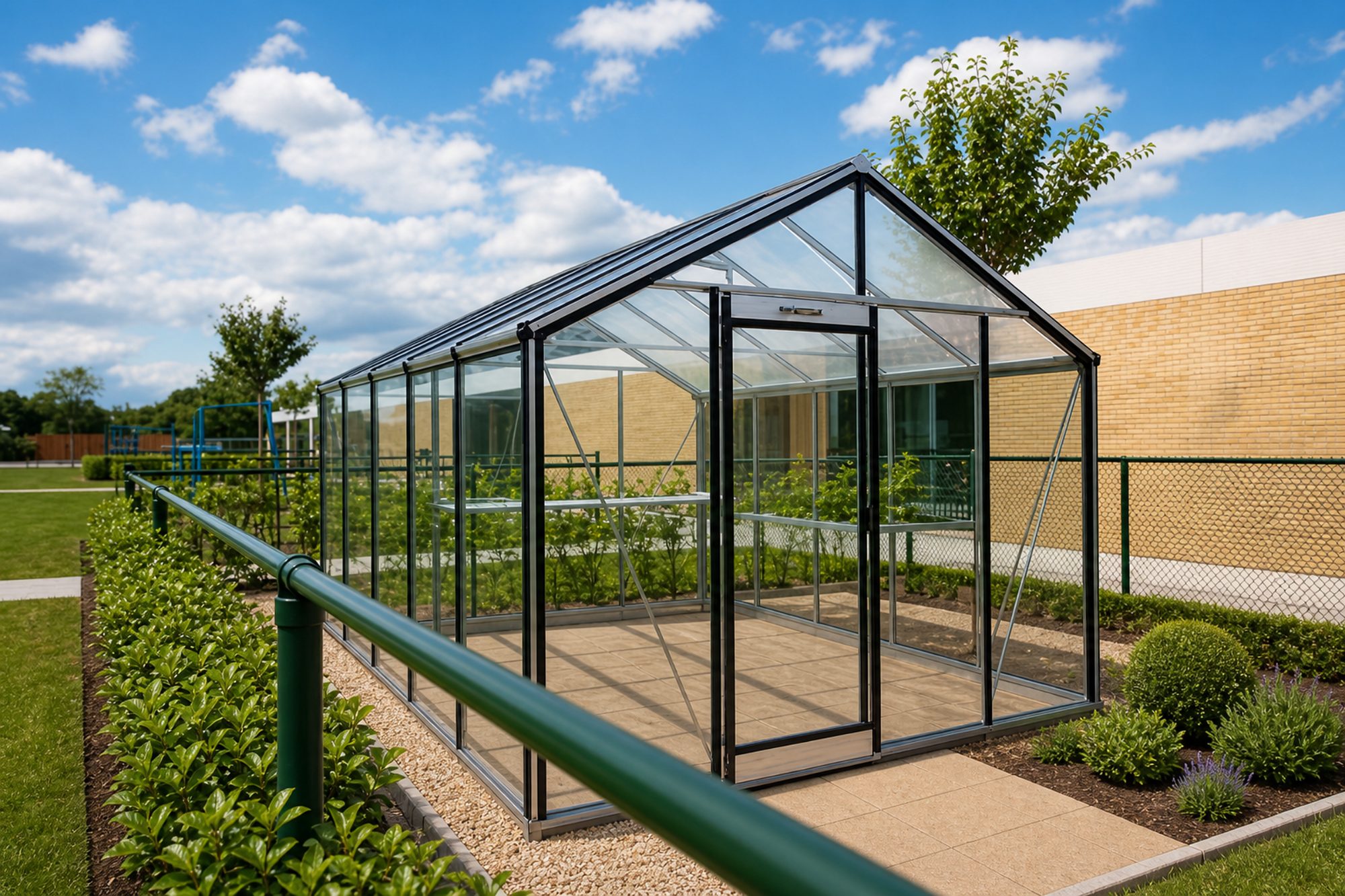 Black-framed aluminium greenhouse under a blue sky