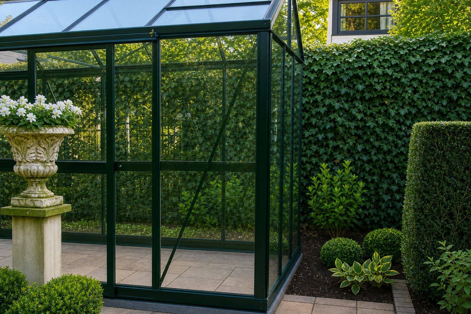 Detail of a green aluminium greenhouse framed by clipped hedging and a classical stone urn