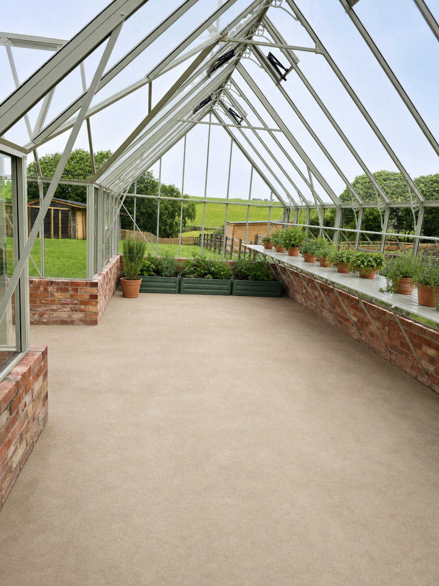 Inside a bespoke greenhouse installed by Greenhouse Hero — brick dwarf walls, aluminium staging and raised beds