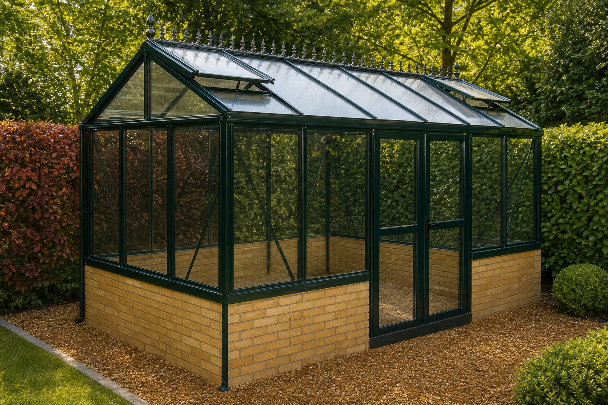 Greenhouse installation and erection on a brick dwarf-wall base