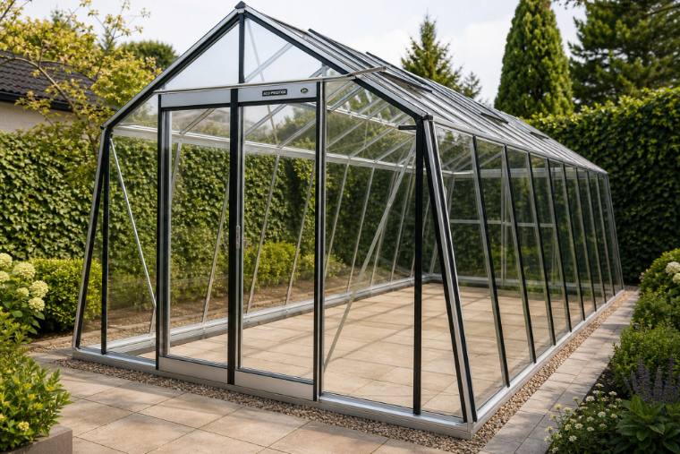 Large silver aluminium greenhouse on a paved base