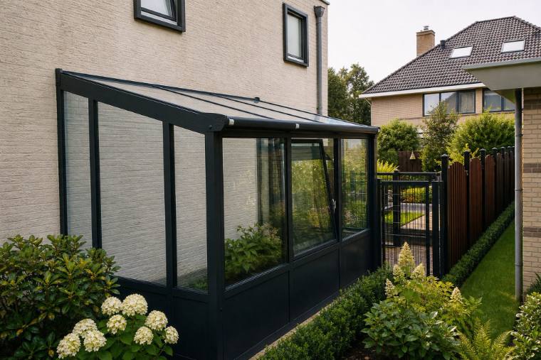Anthracite lean-to glass extension along a house wall