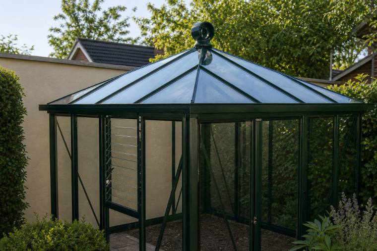 Close-up of a green glass pavilion roof with finial and louvre vent