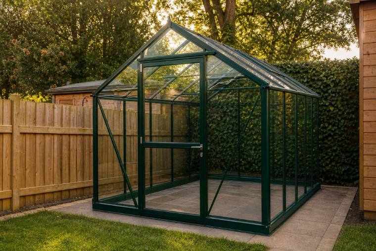 Green gable greenhouse in a Manchester garden at golden hour