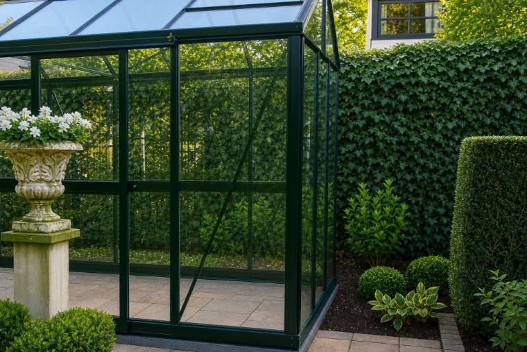 Green greenhouse beside a classical stone urn and clipped hedging