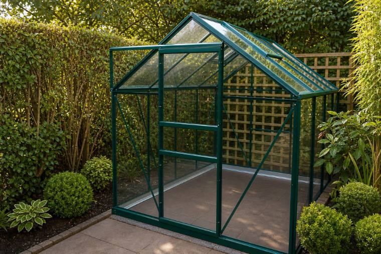 Green-framed greenhouse with internal trellis and hedging