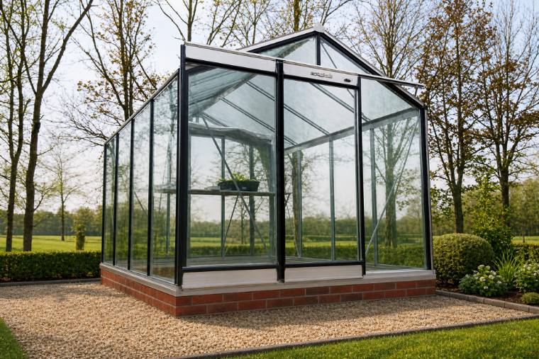 Aluminium greenhouse built on a red-brick dwarf wall base