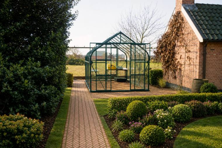 Green Victorian-style greenhouse in a landscaped Cheshire garden