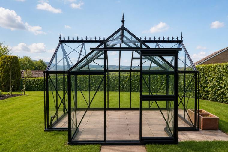 Janssens black Victorian greenhouse with ornate roof cresting
