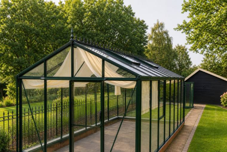 Large green Victorian greenhouse with cream interior blinds