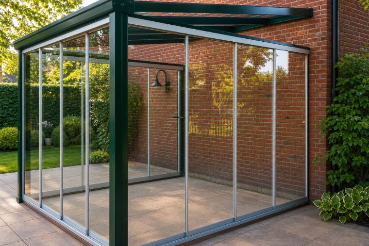 Green lean-to glass garden room against a brick wall