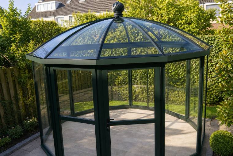 Aerial view of a dark green octagonal glass pavilion