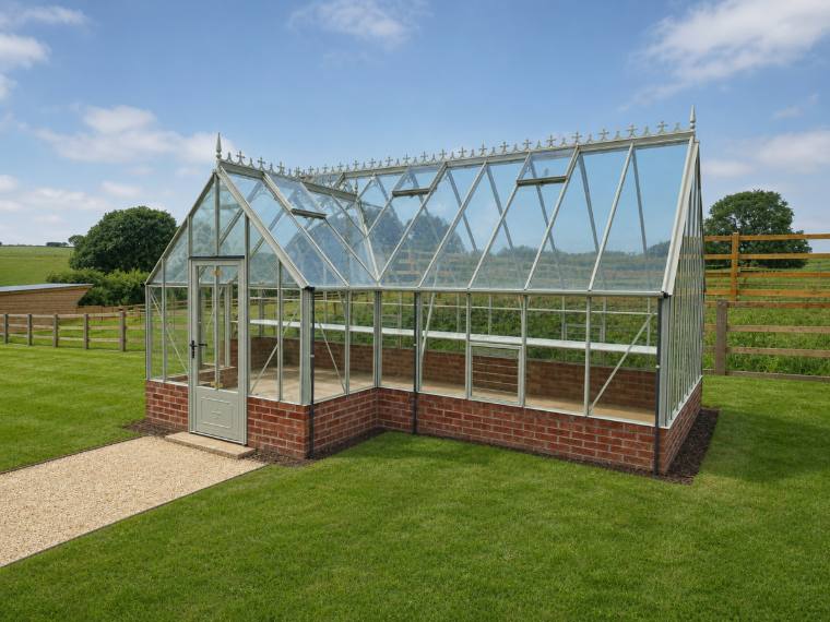 Bespoke L-shaped Victorian-style greenhouse with roof cresting on a brick dwarf wall