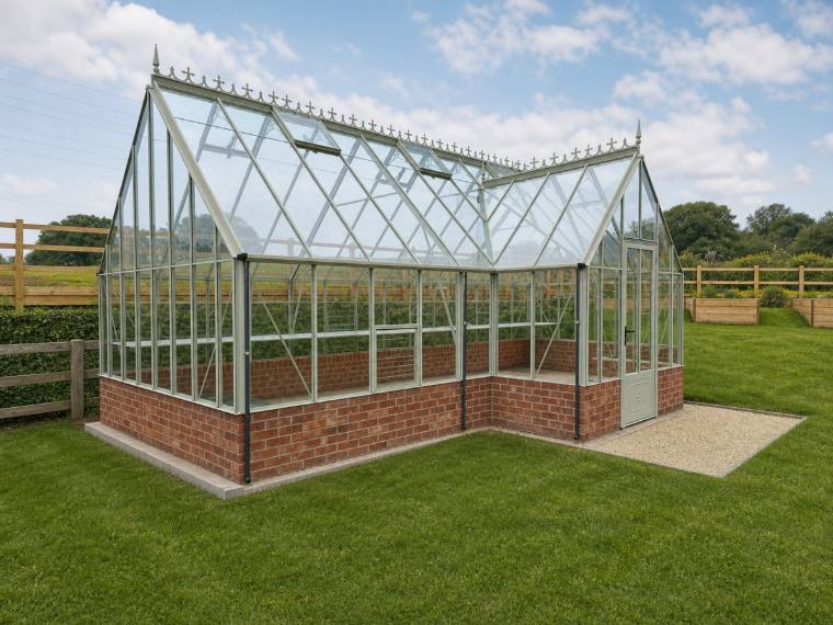 Rear view of an ornate L-shaped greenhouse with decorative cresting on a brick dwarf wall