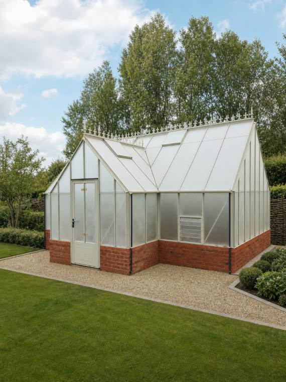Ornate sage greenhouse with decorative roof cresting on a brick dwarf wall in a landscaped garden