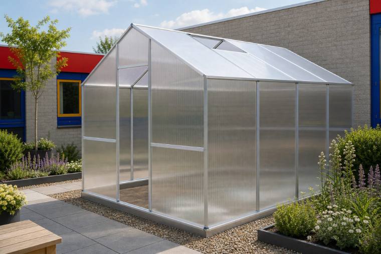 Silver aluminium greenhouse with twin-wall polycarbonate glazing