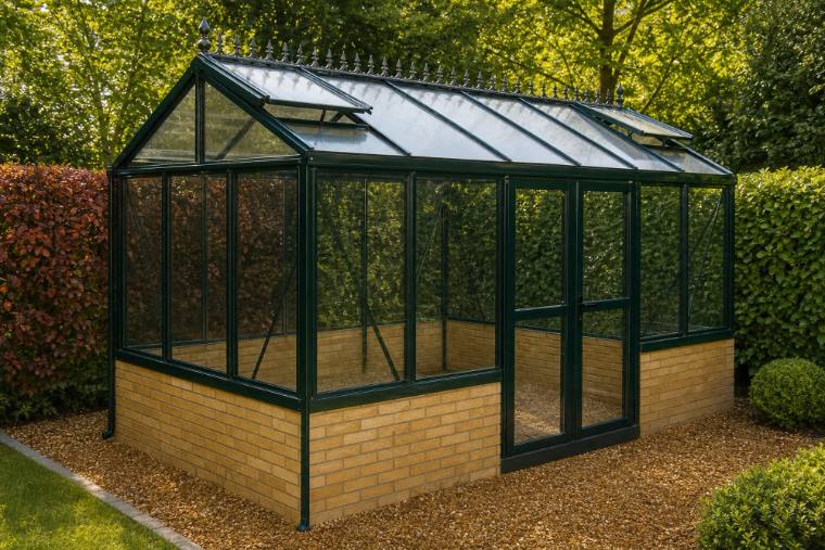 Green Victorian greenhouse on a brick dwarf wall with cresting